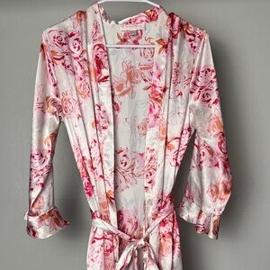 Oscar de la Renta Floral Rose Satin Robe - Pink and Blush